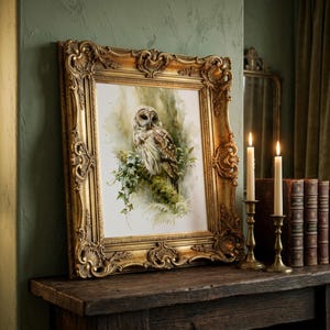 Watercolor owl printable wall art displayed in ornate gold baroque frame leaning on rustic wood mantle with brass candlesticks and vintage books, dark cottagecore gothic study decor digital download