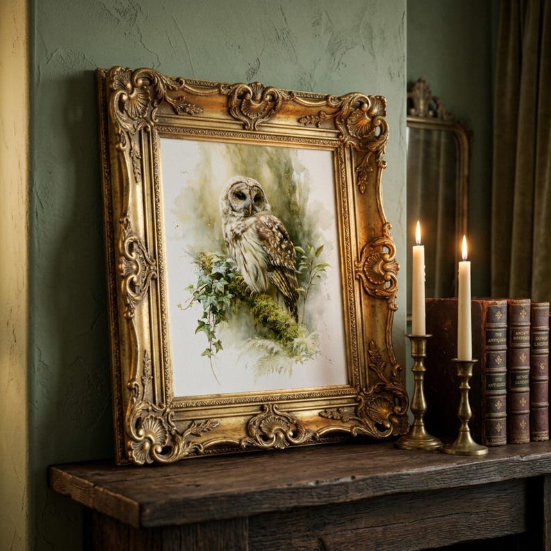 Watercolor owl printable wall art displayed in ornate gold baroque frame leaning on rustic wood mantle with brass candlesticks and vintage books, dark cottagecore gothic study decor digital download