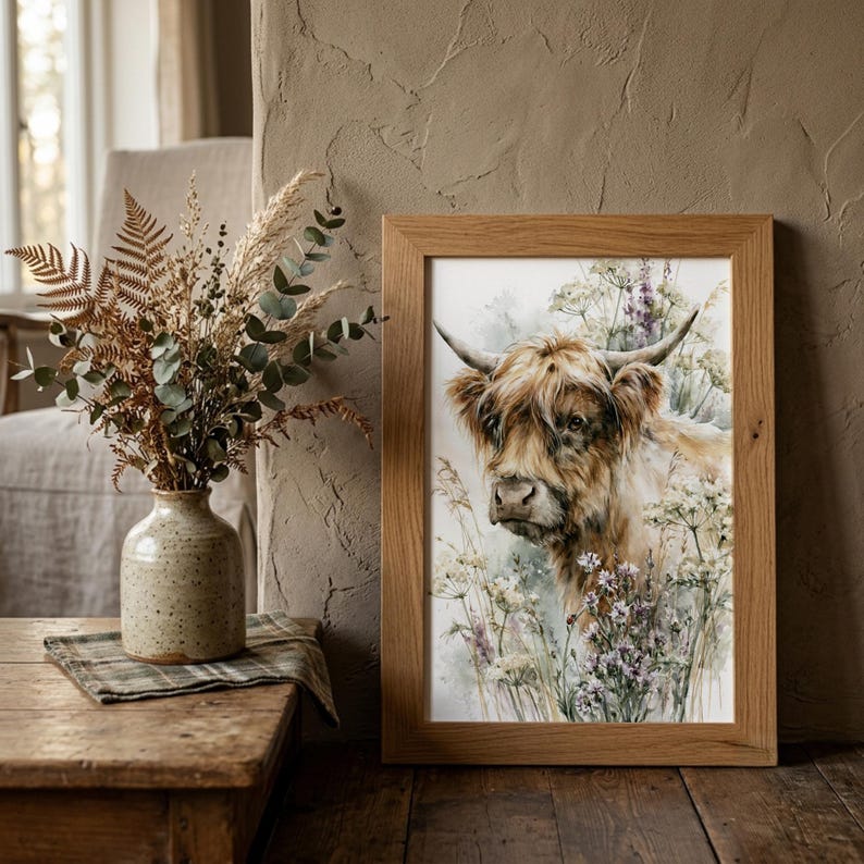 Watercolor highland cow wildflower printable wall art in natural oak frame leaning against textured plaster wall styled with dried botanicals and ceramic vase in rustic farmhouse cottagecore home decor setting