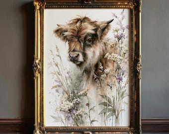 Stampa ad acquerello di un vitello Highland con fiori selvatici, decorazione murale botanica in stile cottagecore con lavanda, stampa per cameretta in stile rustico, regalo di inaugurazione in stile boho.