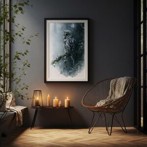 Barred owl watercolor printable wall art displayed in black frame on dark charcoal wall above wooden console with candles and rattan chair, moody boho living room decor, instant digital download print