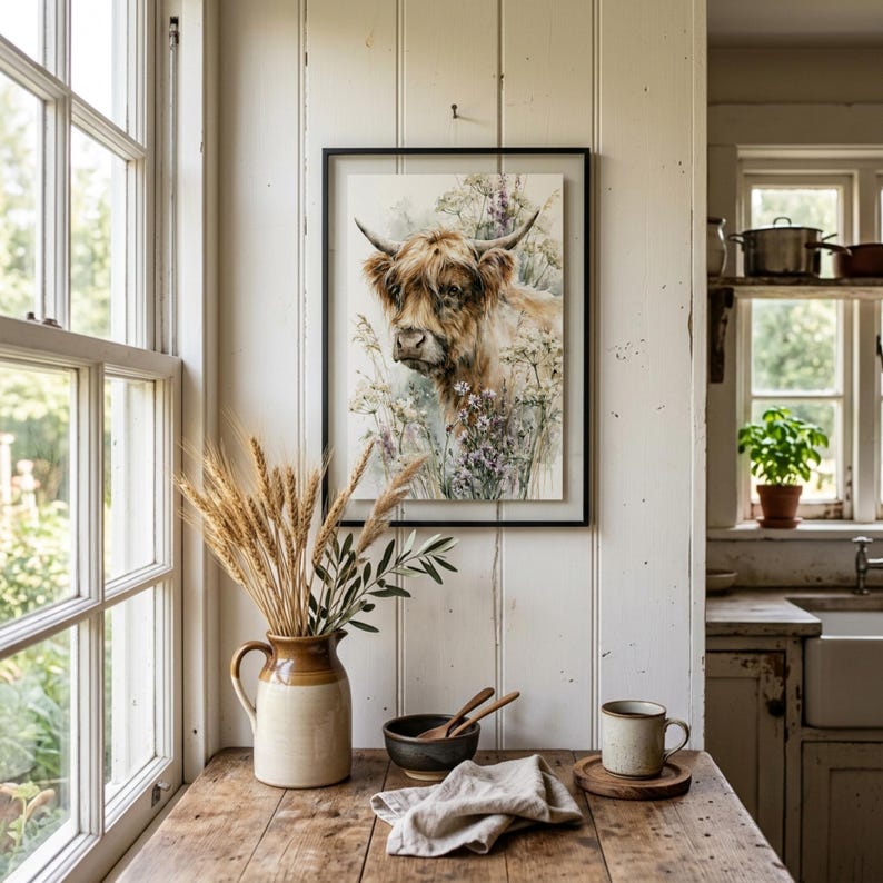 Watercolor highland cow wildflower printable wall art displayed in black frame on white shiplap wall in rustic farmhouse kitchen with dried wheat stems ceramic jug and linen napkin farmhouse cottagecore digital download print