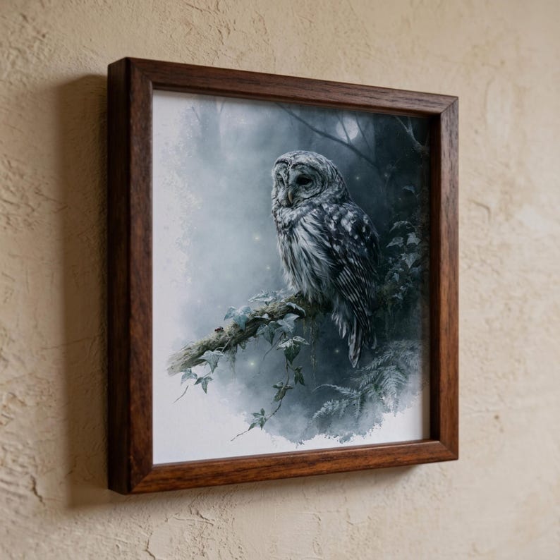Barred owl watercolor printable wall art displayed in a dark walnut wood frame mounted on a textured plaster wall, featuring a mystic owl perched on an ivy branch in moody blue-green forest tones