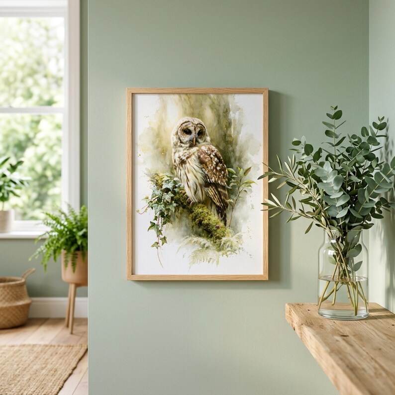 Watercolor owl printable wall art displayed in natural wood frame on sage green wall in cottagecore entryway with eucalyptus stems, fern plant, woven basket, and warm wood bench — instant digital download