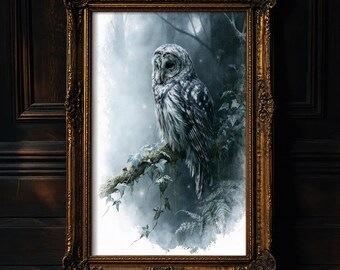 Lámina de acuarela de búho barrado melancólico, arte de pared estilo academia oscura, lámina de ave nocturna del bosque, decoración gótica para el hogar, regalo de otoño para Halloween