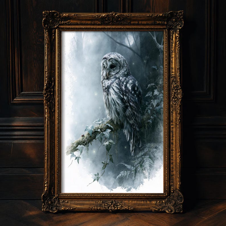 Barred owl watercolor printable wall art displayed in ornate gold frame leaning against dark wood paneled wall, moody gothic cottagecore aesthetic, instant digital download owl art print for home decor