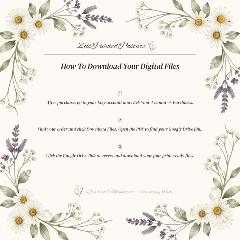 Branded digital download guide for Zois Painted Pasture showing three steps to access printable wall art files via Google Drive after Etsy purchase, framed with watercolor daisy and lavender botanical border, instant download digital print instruction graphic
