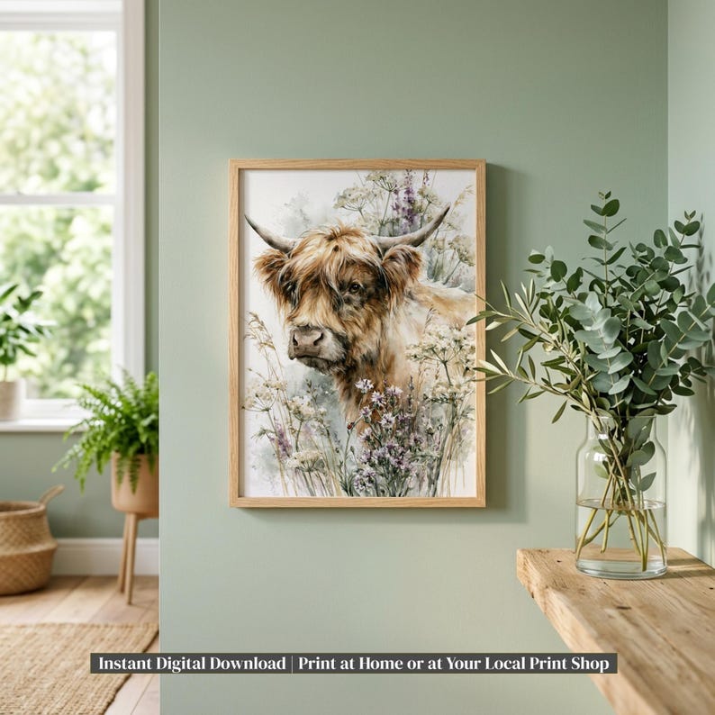 Watercolor highland cow wildflower print displayed in a natural wood frame on a sage green wall in a cottagecore boho farmhouse room with eucalyptus stems and indoor plants, digital printable wall art download