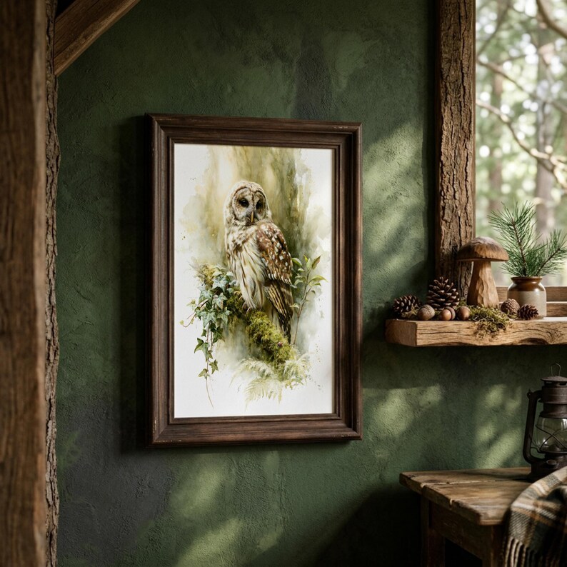 Watercolor owl printable wall art displayed in dark wood frame on deep green wall in cottagecore woodland styled room with pinecones, mushroom decor, pine sprigs and vintage lantern — instant digital download