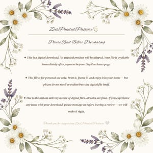 Zois Painted Pasture branded digital download policy graphic with daisy and lavender watercolor border explaining instant delivery, personal use only licensing, and final sale terms for printable wall art buyers