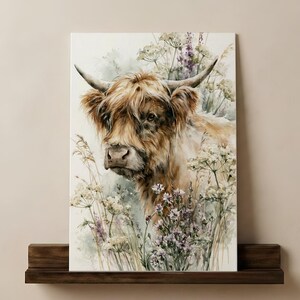 Watercolor highland cow wildflower printable wall art leaning on dark walnut floating shelf against warm neutral wall, farmhouse cottagecore digital download print featuring purple lavender wildflowers and soft botanical details
