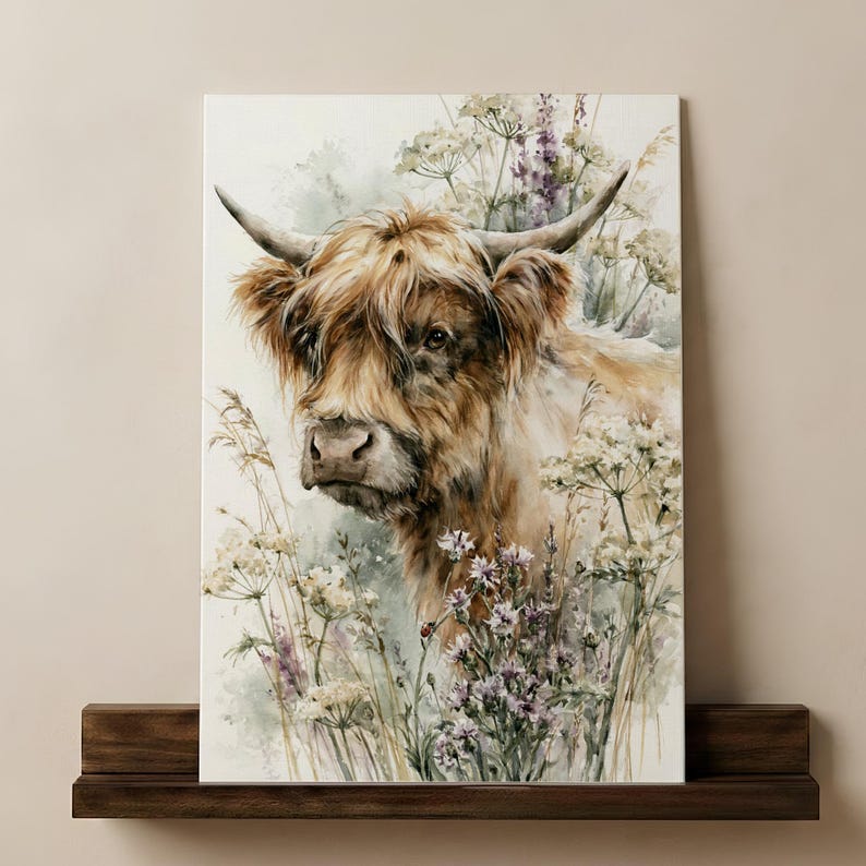 Watercolor highland cow wildflower printable wall art leaning on dark walnut floating shelf against warm neutral wall, farmhouse cottagecore digital download print featuring purple lavender wildflowers and soft botanical details