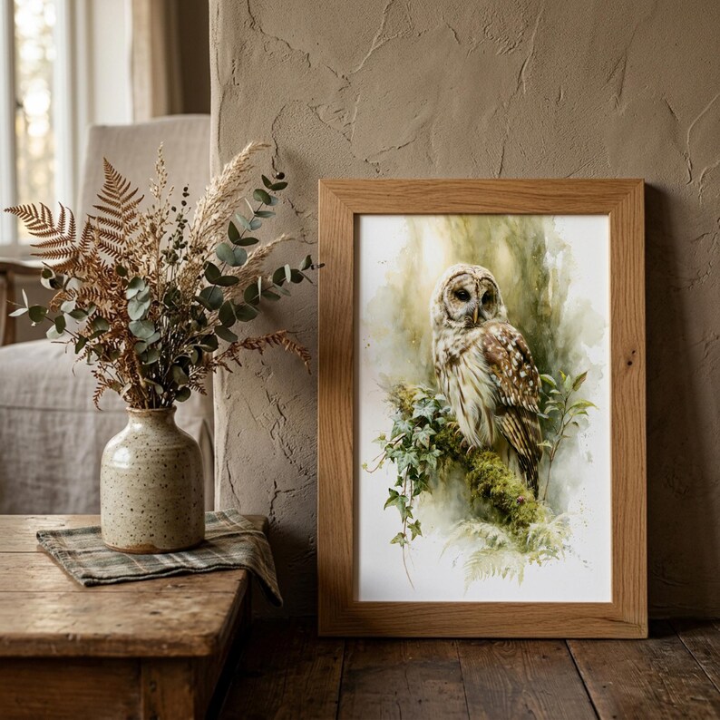 Watercolor owl printable wall art in natural oak frame leaning against rustic plaster wall, styled with dried eucalyptus botanicals and linen chair, cottagecore farmhouse home decor digital download print