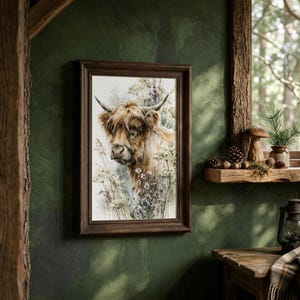 Watercolor highland cow wildflower print displayed in dark wood frame on deep green rustic wall with live-edge shelf, pine cones, and wooden mushroom decor — cottagecore farmhouse printable wall art digital download
