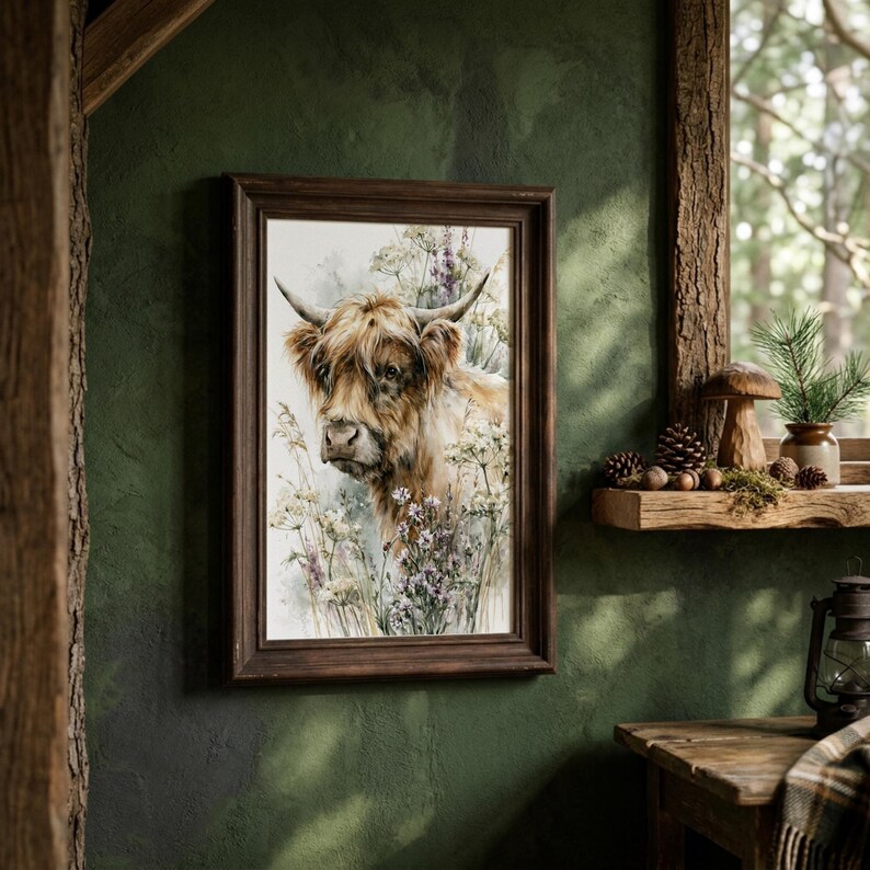 Watercolor highland cow wildflower print displayed in dark wood frame on deep green rustic wall with live-edge shelf, pine cones, and wooden mushroom decor — cottagecore farmhouse printable wall art digital download