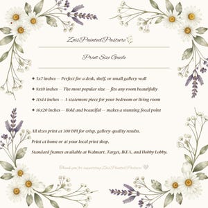 Zois Painted Pasture print size guide for digital wall art printable showing 5x7 8x10 11x14 and 16x20 inch options with room placement tips 300 DPI quality note and frame sourcing advice for farmhouse cottagecore botanical art
