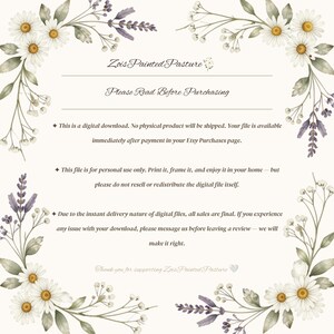 ZoisPaintedPasture digital download policy graphic with watercolor daisy border explaining instant delivery, personal use license, and no physical product shipping for printable wall art buyers