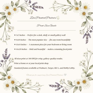 Print size guide for Zois Painted Pasture digital wall art printable showing 5x7 8x10 11x14 and 16x20 inch options with 300 DPI quality guarantee frame sourcing tips for Walmart Target IKEA and Hobby Lobby