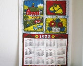 Vintage 1972 Kitchen Towel Calendar Date Barn Farm Cow Mod HIPPIE Boho Modern Midcentury-Yellow Blue Green Red