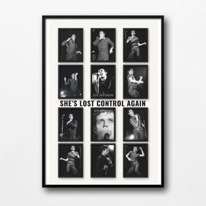 May include: Black and white framed poster featuring multiple images of a band performing. The poster includes the text "SHE'S LOST CONTROL AGAIN" and "JOY DIVISION". The images are arranged in a grid pattern.