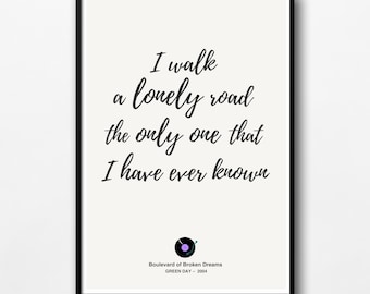 Póster con la letra de Green Day - Boulevard of Broken Dreams / Póster con la letra de la canción / Póster tipográfico / Arte minimalista para pared / Póster vintage / Regalo musical
