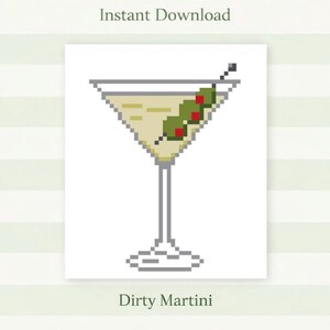 May include: A digital needlepoint chart featuring a pixelated Dirty Martini. The image includes the text "Needlepoint Stitchly Chart Instant Download" and "Dirty Martini". The artist's name, "Sophia Rose Stitching", is also displayed. The cocktail is garnished with olives.