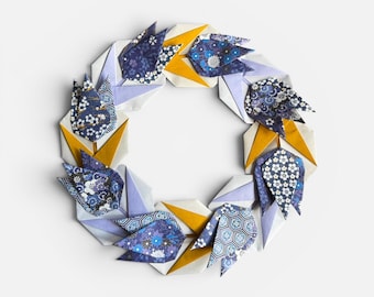 Corona de tulipanes de origami para decoración de pared, arte floral de papel primaveral, decoración para habitación infantil (sin marco)