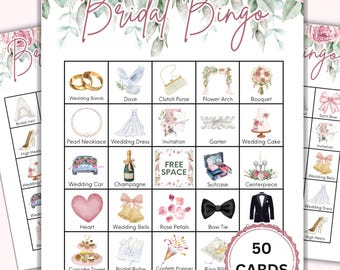 Bridal Bingo Game Printable, Bridal Shower Bingo Cards, Pink Floral Bridal Shower Game, Wedding Shower Activity, Instant Download, 50 Cards