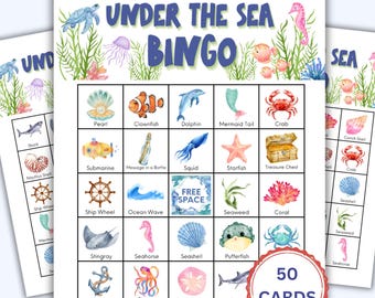 Under the Sea Bingo Game - Kids Ocean Theme Party Game, 50 Printable Cards Instant Download