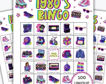May include: A 1980's Bingo game card set featuring a grid of colorful illustrations including roller skates, a boombox, a puzzle cube, and a disco ball. The title 1980's BINGO is printed in large green letters. A circular badge states 100 UNIQUE CARDS.