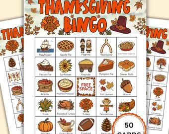 Thanksgiving Bingo Game Printable - 50 Unique Cards, Thanksgiving Party Game, Classroom Activity, Family Thanksgiving Game, Instant Download