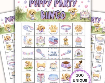 Puppy Party Bingo Game Printable, Dog Birthday Party Bingo Cards, Kids Dog Party Activity, 100 Unique Cards, Instant Download