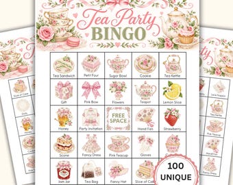 Tea Party Bingo Game Printable - Girls Birthday Party Game, 100 Unique Bingo Cards, Pink Floral Tea Party Game, Kids Birthday Activity