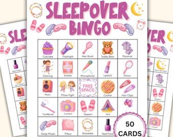 Sleepover Bingo Game Printable - 50 Slumber Party Bingo Cards, Pajama Party Activity for Girls, Sleep Over Birthday Bingo