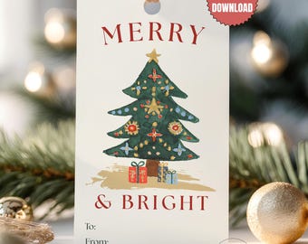 Christmas Tree Gift Tags Printable, Merry and Bright Gift Tags, Watercolor Christmas Tags, Holiday Present Tags, Instant Download