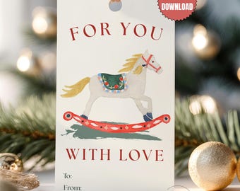 Rocking Horse Christmas Gift Tags Printable, Vintage Christmas Gift Tag, Watercolor Holiday Tags, For You With Love, Instant Download