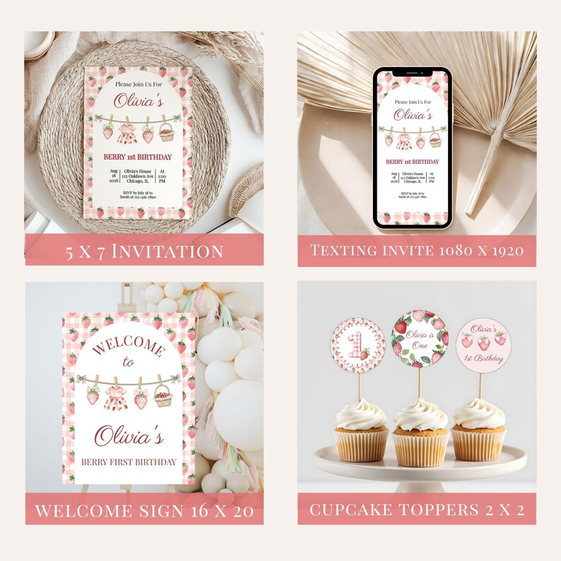 Berry First Birthday Invitation Bundle - Strawberry Theme 1st Bday Girl ...