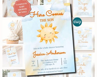 Here Comes the Son Baby Shower Invitation COMPLETE Bundle: Sunshine Boy Invite Corjl (Digital Download)