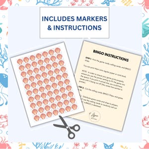 May include: A set of seashell-themed bingo game cards and instructions. The cards feature rows of peach-colored seashell illustrations. The instructions are on a cream-colored paper. The text "INCLUDES MARKERS & INSTRUCTIONS" is at the top.