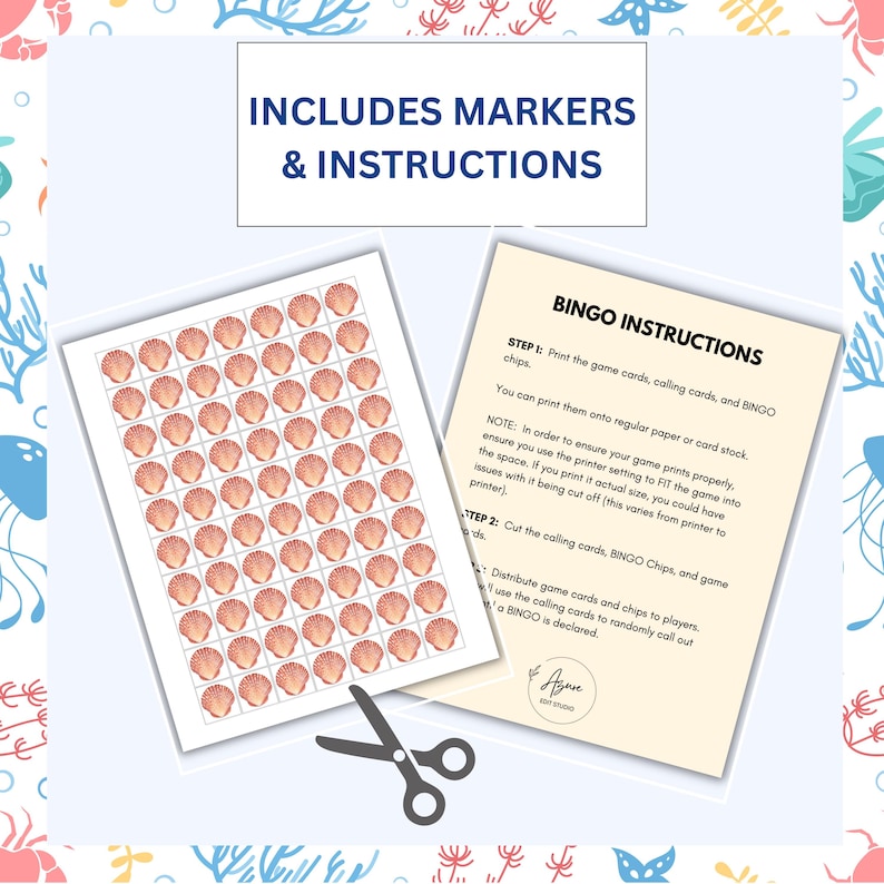 May include: A set of seashell-themed bingo game cards and instructions. The cards feature rows of peach-colored seashell illustrations. The instructions are on a cream-colored paper. The text "INCLUDES MARKERS & INSTRUCTIONS" is at the top.