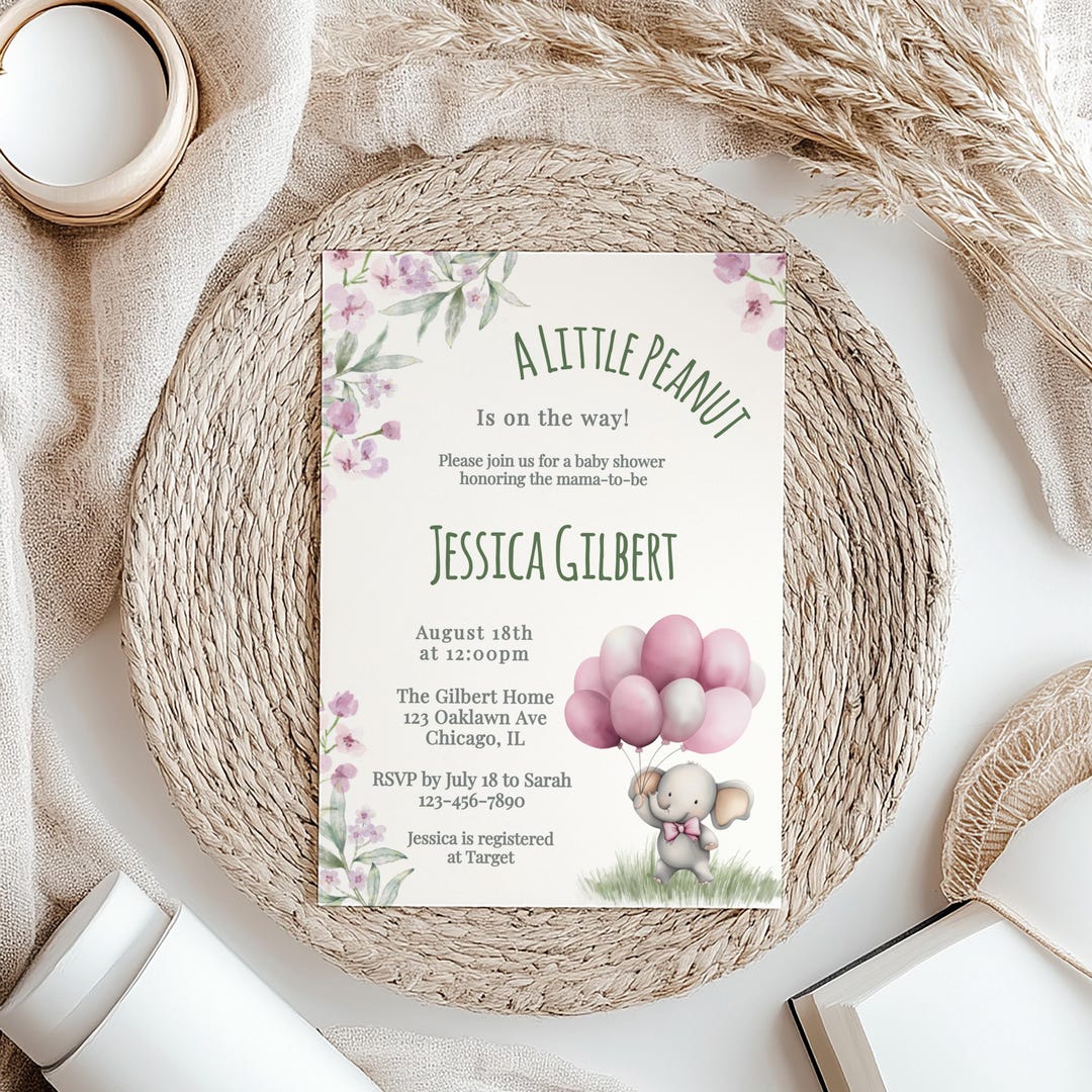 Editable Elephant Baby Shower Invitation Template, Pink Floral Girl ...