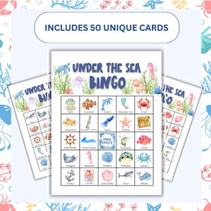 May include: Under the Sea Bingo game set with 50 unique cards. The bingo cards feature colorful illustrations of marine life, including a pearl, clownfish, dolphin, and crab. The text "Under the Sea Bingo" is displayed prominently on the cards.