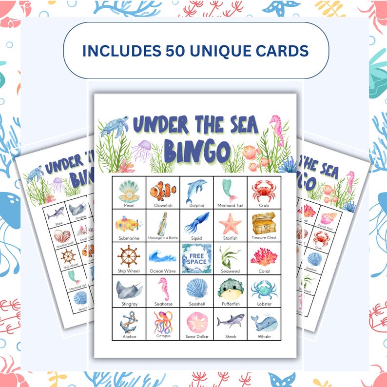 May include: Under the Sea Bingo game set with 50 unique cards. The bingo cards feature colorful illustrations of marine life, including a pearl, clownfish, dolphin, and crab. The text "Under the Sea Bingo" is displayed prominently on the cards.