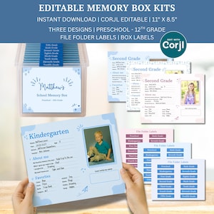 May include: Editable memory box kit featuring school memory templates, file folder labels, and box labels. The designs include blue and pink accents with text fields for student information, photos, and grade levels from preschool to 12th grade.