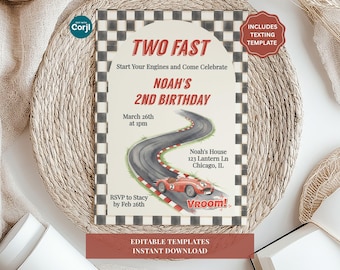 Two Fast Birthday Invite - 2nd Bday Race Car Theme Boy Invitation, Editable Digital Download