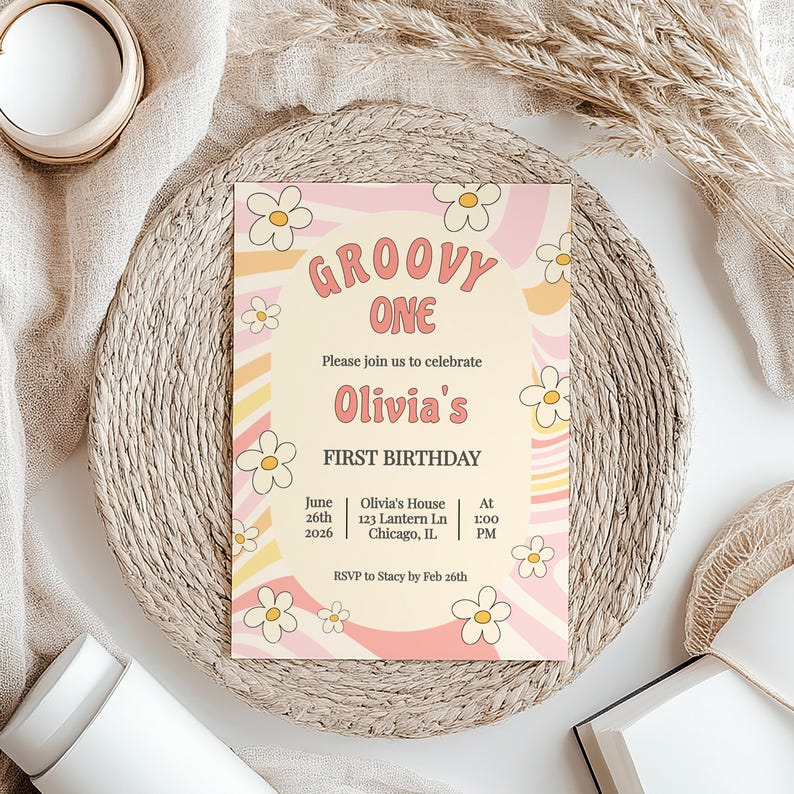 Groovy One Birthday Invitation Template - Editable First Birthday ...