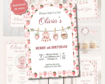 Berry First Birthday Invitation Bundle - Strawberry Theme 1st Bday Girl Invite, Editable Digital Download