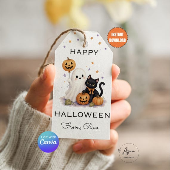 Personalized Halloween Treat Tags, Cute Ghost & Black Cat Gift Tags, Halloween Favor Tags, Printable Candy Bag Tags, Custom Halloween Tags
