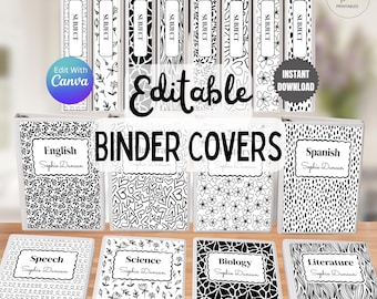Black and White Binder Covers and Spines, Editable 3 ring Notebook Insert Covers for Teacher Student Classroom, Back to School Printable