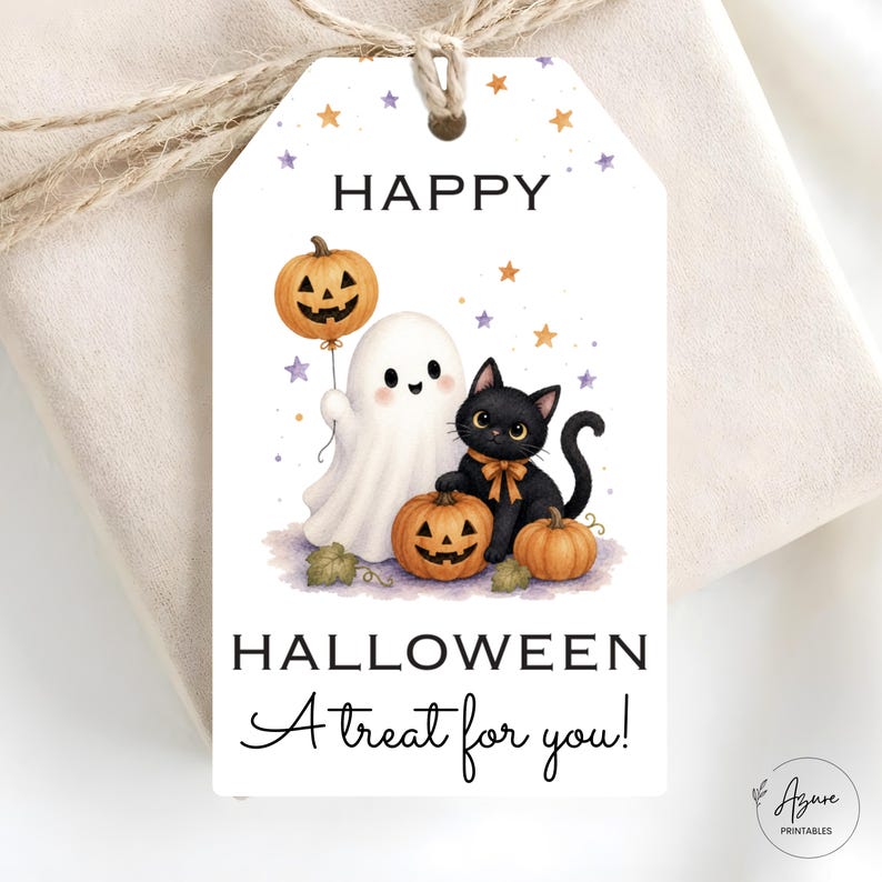 May include: A rectangular white gift tag featuring the text HAPPY HALLOWEEN A treat for you! The illustration shows a white ghost holding a pumpkin balloon, a black cat with an orange bow, and two pumpkins, all surrounded by small purple and orange stars.
